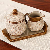 Ceramic sugar bowl and creamer, 'Terracotta Feathers' (3-piece set) - Beige Ceramic Sugar Bowl and Creamer 3-Piece Set with Tray