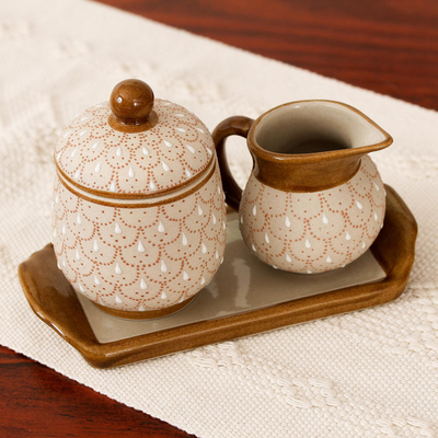 Ceramic sugar bowl and creamer, Terracotta Feathers (3-piece set)