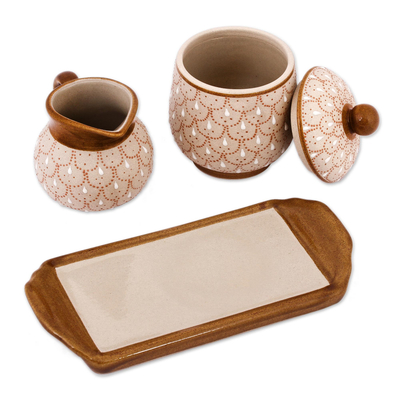 Ceramic sugar bowl and creamer, 'Terracotta Feathers' (3-piece set) - Beige Ceramic Sugar Bowl and Creamer 3-Piece Set with Tray