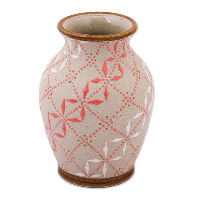 Ceramic vase, 'Windmill Trellis Vessel' - White and Paprika Red Trellis Motif Ceramic Flower Vase