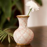 Ceramic vase, 'Windmill Trellis Bloom' - Paprika Red and White Trellis Motif Ceramic Fluted Vase