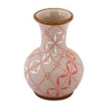 Ceramic vase, 'Windmill Trellis Bloom' - Paprika Red and White Trellis Motif Ceramic Fluted Vase