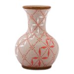 Ceramic vase, 'Windmill Trellis Bloom' - Paprika Red and White Trellis Motif Ceramic Fluted Vase