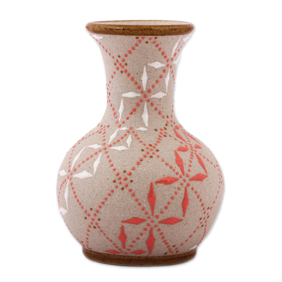 Jarrón de ceramica - Jarrón acanalado de cerámica con motivo de enrejado rojo pimentón y blanco