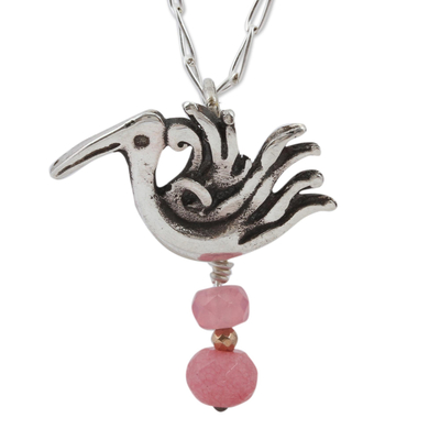 Agate pendant necklace, 'Precious Liberty' - Pink Agate Bird Pendant Necklace from Mexico
