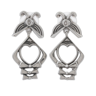 Sterling silver dangle earrings, 'Crossroads of the Heart' - Heart-Shaped Sterling Silver Dangle Earrings from Mexico
