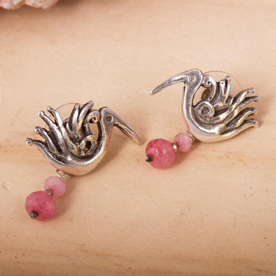 Agate dangle earrings, 'Precious Liberty' - Pink Agate Bird Dangle Earrings from Mexico