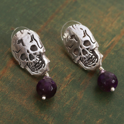 Agate and amethyst dangle earrings, 'Transition' - Agate and Amethyst Skull Dangle Earrings from Mexico