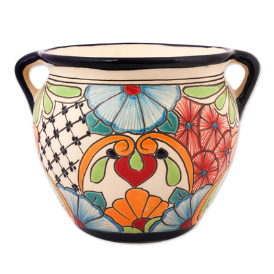 Ceramic flower pot, 'Talavera Majesty' - Floral Talavera-Style Ceramic Flower Pot from Mexico