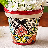 Ceramic flower pot, 'Talavera World' - Colorful Talavera-Style Ceramic Flower Pot from Mexico