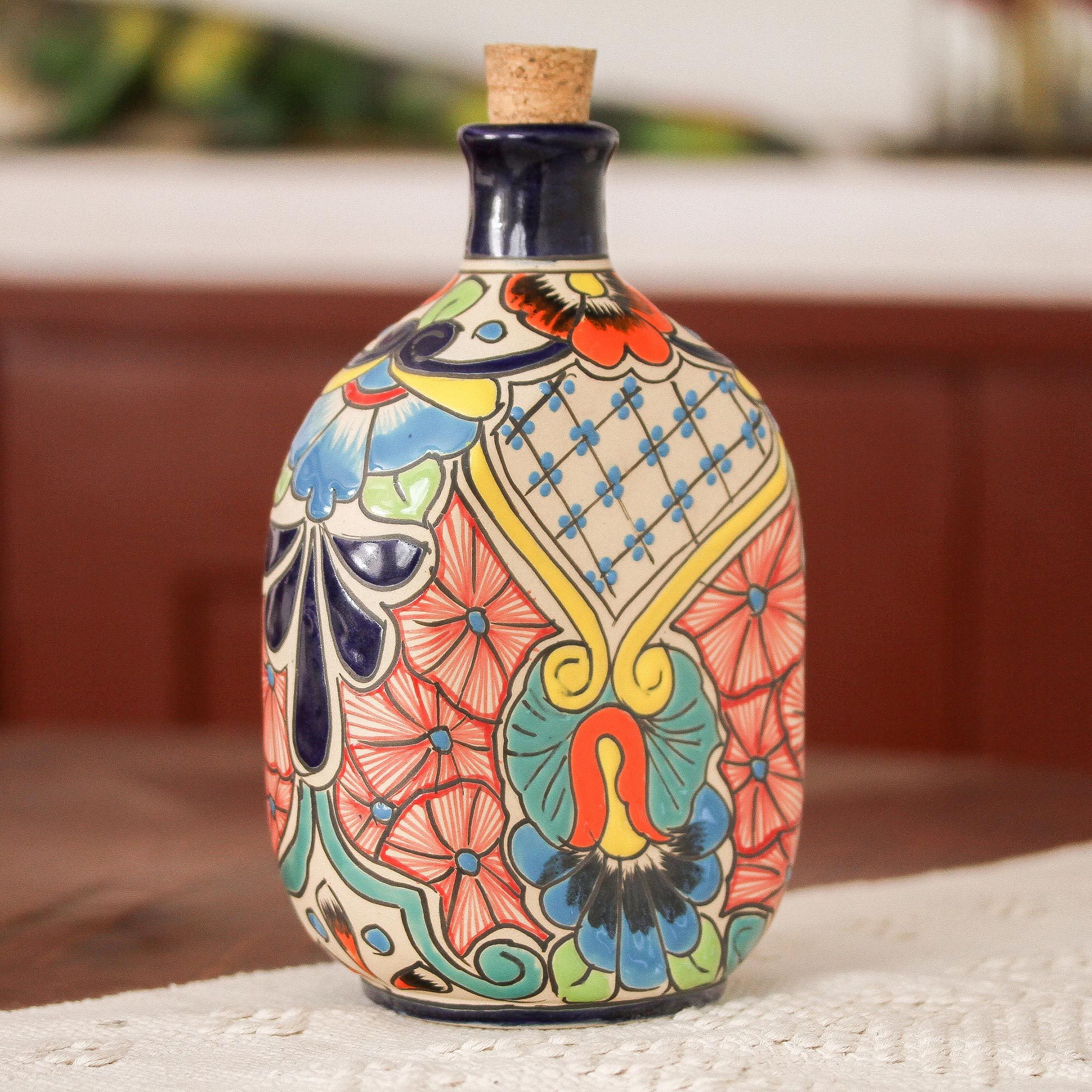 Floral Talavera Ceramic Liquor Bottle from Mexico Talavera