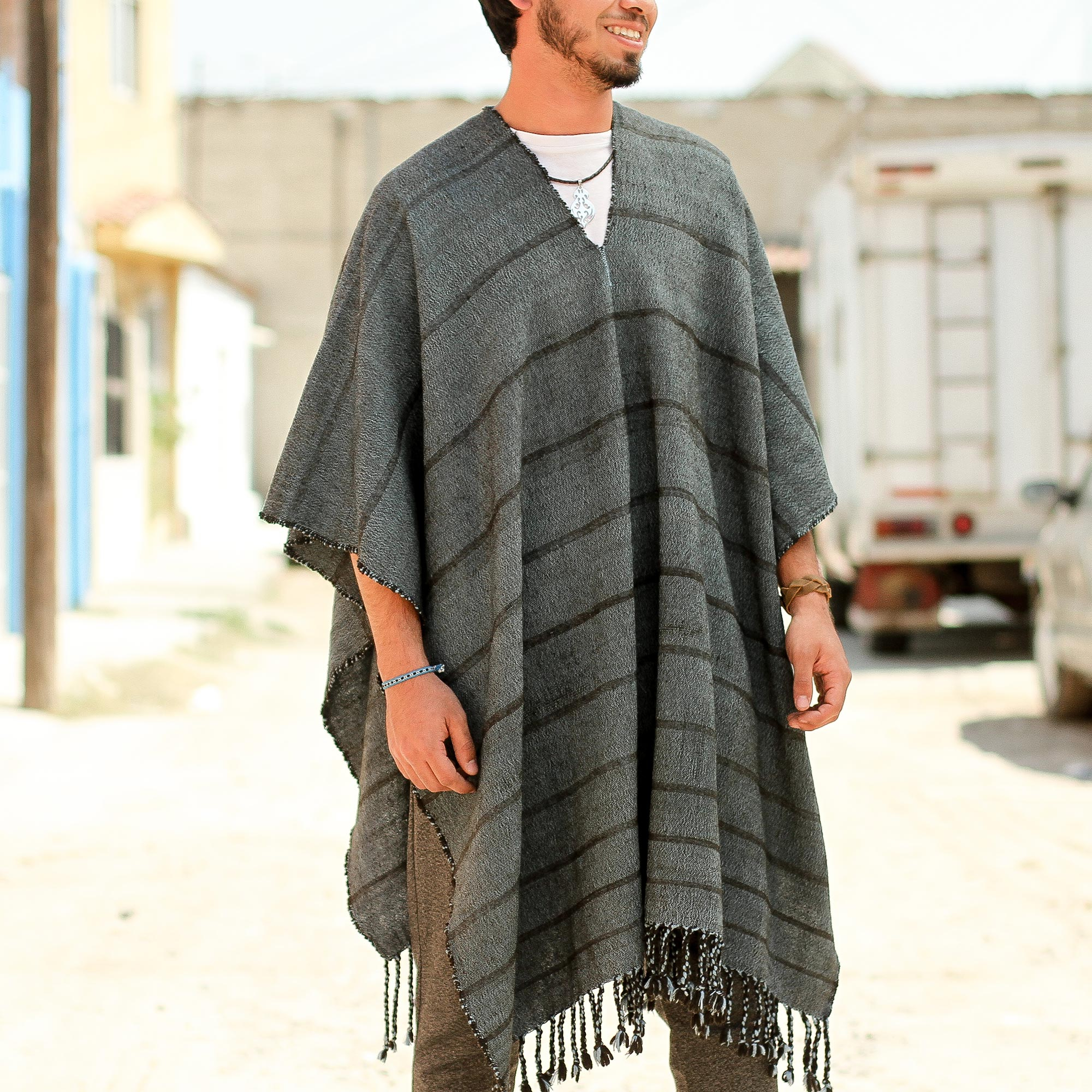 Striped Men's Wool Blend Poncho from Mexico - Bold Sky | NOVICA