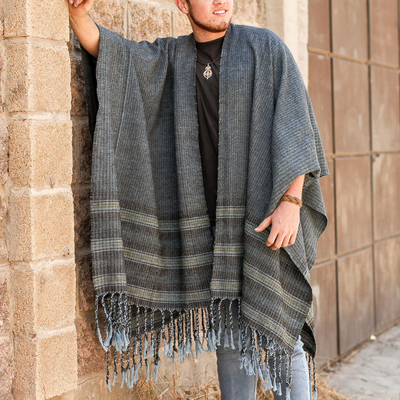 Striped Men's Wool Blend Ruana from Mexico - Dance in the Clouds | NOVICA