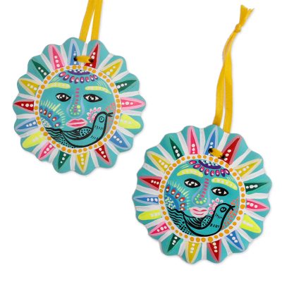 Ceramic ornaments, 'Docile Sun' (pair) - Bird-Themed Ceramic Sun Ornaments from Mexico (Pair)