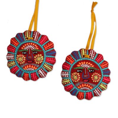 Ceramic ornaments, 'Immortal Sun' (pair) - Hand-Painted Ceramic Sun Ornaments in Crimson (Pair)