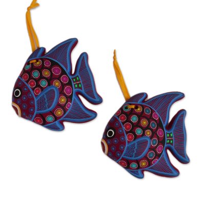 Ceramic ornaments, 'Fish Dance' (pair) - Hand-Painted Ceramic Fish Ornaments in Blue (Pair)