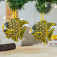 Ceramic ornaments, 'Brown Fish' (pair) - Hand-Painted Ceramic Fish Ornaments in Brown (Pair)