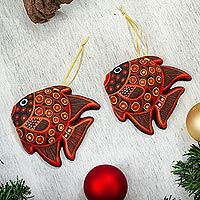 Ceramic ornaments, 'Red Fish' (pair) - Hand-Painted Ceramic Fish Ornaments in Red (Pair)