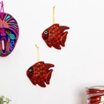 Ceramic ornaments, 'Red Fish' (pair) - Hand-Painted Ceramic Fish Ornaments in Red (Pair)