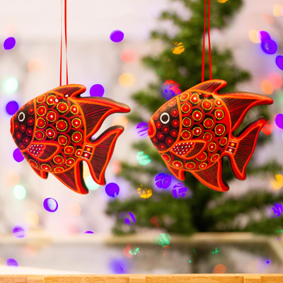 Ceramic ornaments, 'Red Fish' (pair) - Hand-Painted Ceramic Fish Ornaments in Red (Pair)