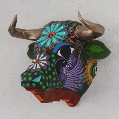 Hand-Painted Floral Bull Wall Sculpture from Mexico - Floral Bull | NOVICA