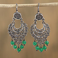 Sterling silver filigree chandelier earrings, 'Crescent Passion in Green' - Sterling Silver Filigree Chandelier Earrings in Green