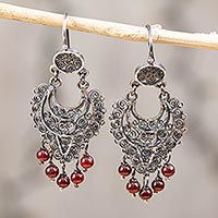 Sterling silver filigree chandelier earrings, 'Crescent Passion in Red' - Sterling Silver Filigree Chandelier Earrings in Red