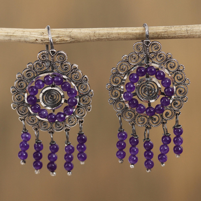 Sterling silver filigree chandelier earrings, 'Mexican Shield in Purple' - Sterling Silver Filigree Chandelier Earrings in Purple