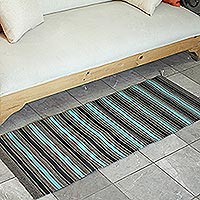 Wool runner rug, 'Sea Green Stripes' (1.5x4.5) - Striped Wool Area Rug from Mexico (1.5x4.5)