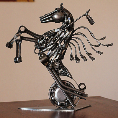 Upcycled metal auto part sculpture, 'Iron Horse' - Upcycled Metal Motorcycle Horse Sculpture from Mexico