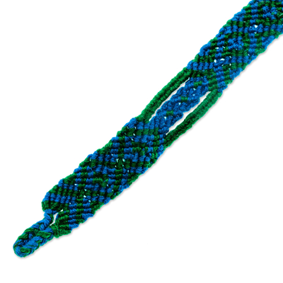 Cotton wristband bracelets, 'Viridian Geometry' (set of 3) - Cotton Wristband Bracelets in Blue and Viridian (Set of 3)