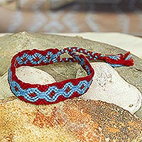 Cotton macrame wristband bracelet, 'Geometric Path' - Periwinkle Blue and Russet Red Cotton Macrame Bracelet