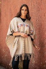 Cotton poncho, 'Lines in the Sand' - Handwoven Cotton Poncho with Line Patterns in Sand