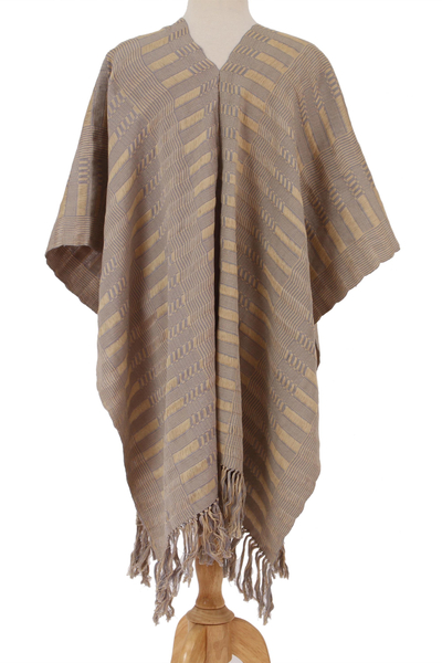 Cotton poncho, 'Lines in the Sand' - Handwoven Cotton Poncho with Line Patterns in Sand