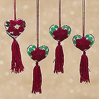 Cotton-embroidered wool ornaments, 'Cherry Tree Hearts' (set of 4) - Heart-Shaped Floral Cotton and Wool Ornaments (Set of 4)