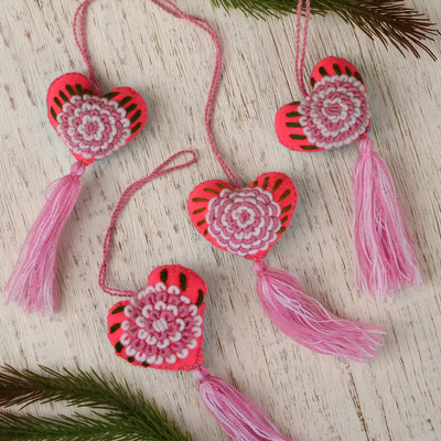 Cotton-embroidered wool ornaments, Lovely Petals (set of 4)