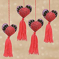 Cotton-embroidered wool ornaments, 'Blush Rose' (set of 4) - Cotton-Embroidered Heart-Shaped Wool Ornaments (Set of 4)