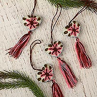 Cotton-embroidered wool ornaments, Lush Flowers (set of 4)