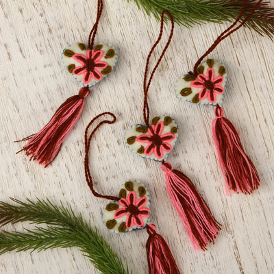 Cotton-embroidered wool ornaments, 'Lush Flowers' (set of 4) - Colorful Cotton and Wool Ornaments from Mexico (Set of 4)
