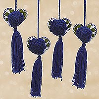 Cotton-embroidered wool ornaments, Lapis Bloom (set of 4)