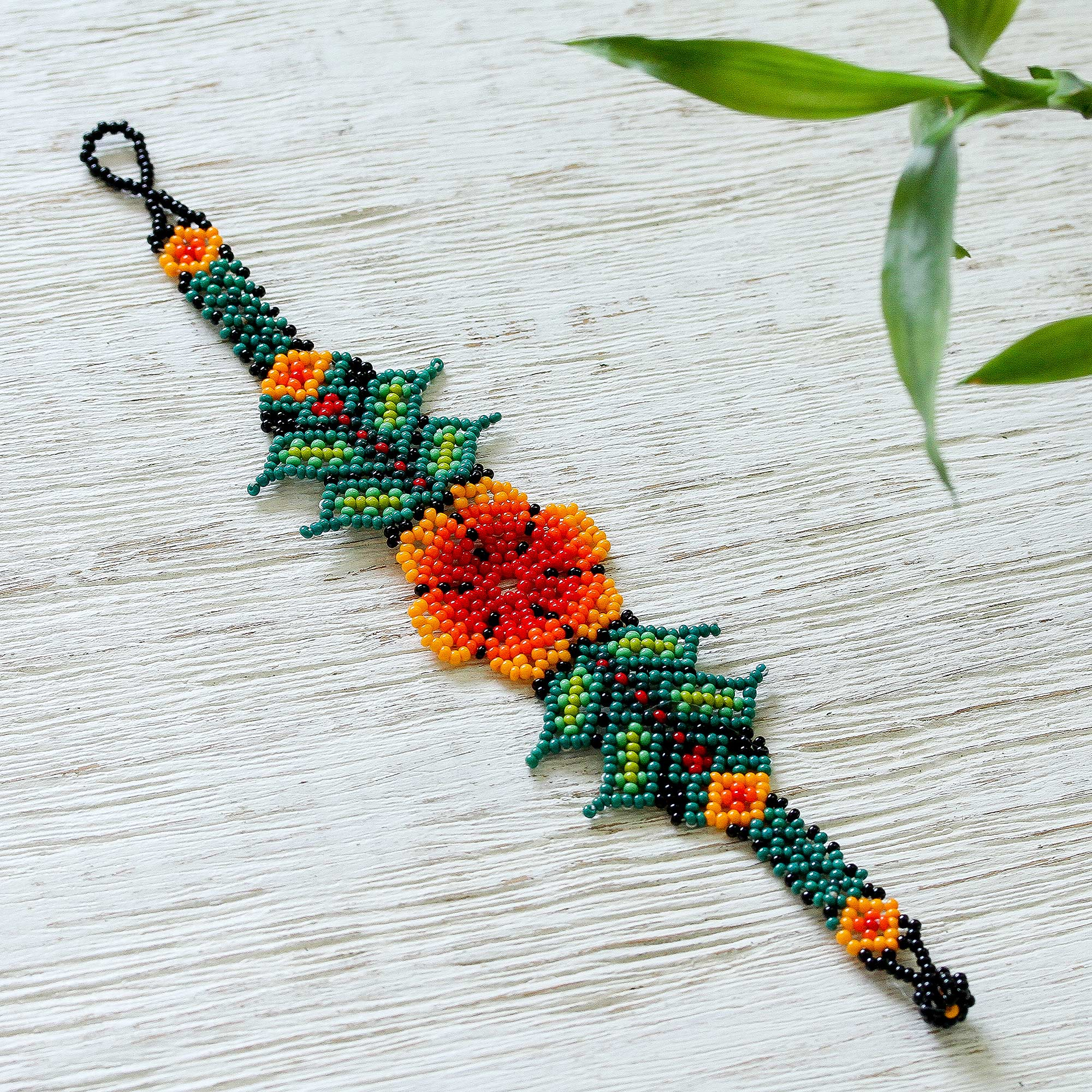 Traditional Huichol Handmade Beaded Flower Bracelet Mexican Art Orange.