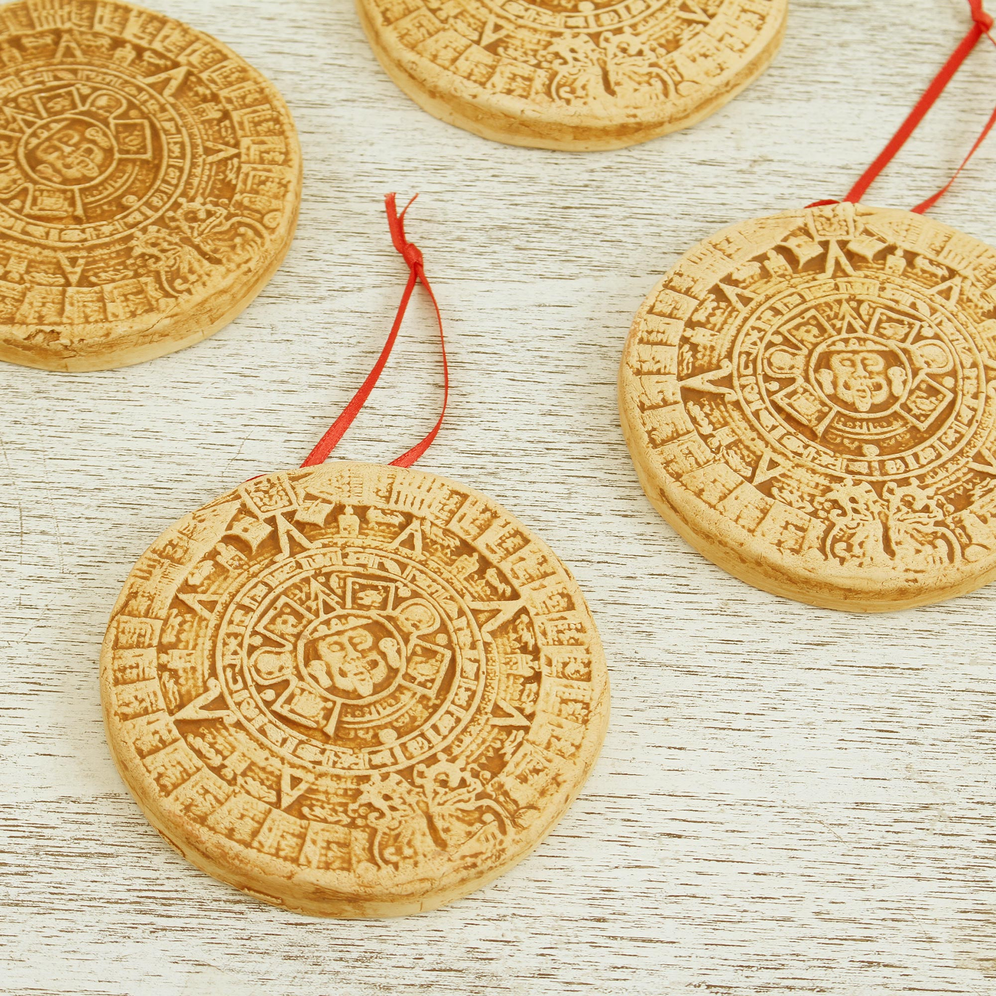 Ceramic Aztec Calendar Ornaments from Mexico (Set of 4) Aztec Cosmos