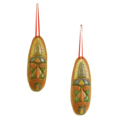 Ceramic ornaments, 'Mask Design' (pair) - Mask-Themed Ceramic Ornaments from Mexico (Pair)