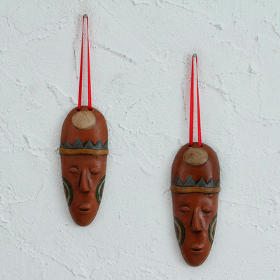 Adornos de cerámica, (par) - Adornos de Máscara de Cerámica Marrón de México (Pareja)