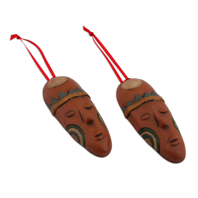 Ceramic ornaments, 'Charming Masks' (pair) - Ceramic Mask Ornaments in Brown from Mexico (Pair)