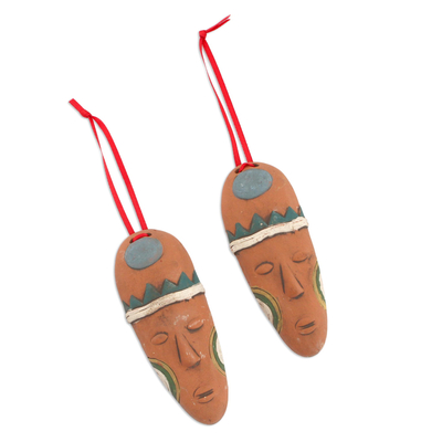 Ceramic Mask Ornaments in Red from Mexico (Pair)