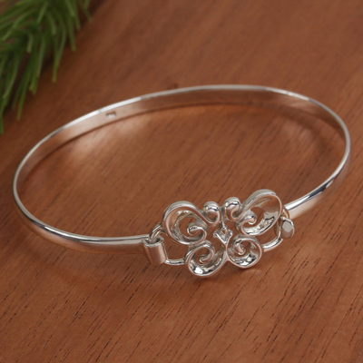 Sterling silver bangle bracelet, 'Butterfly Curls' - Taxco Sterling Silver Butterfly Bangle Bracelet from Mexico