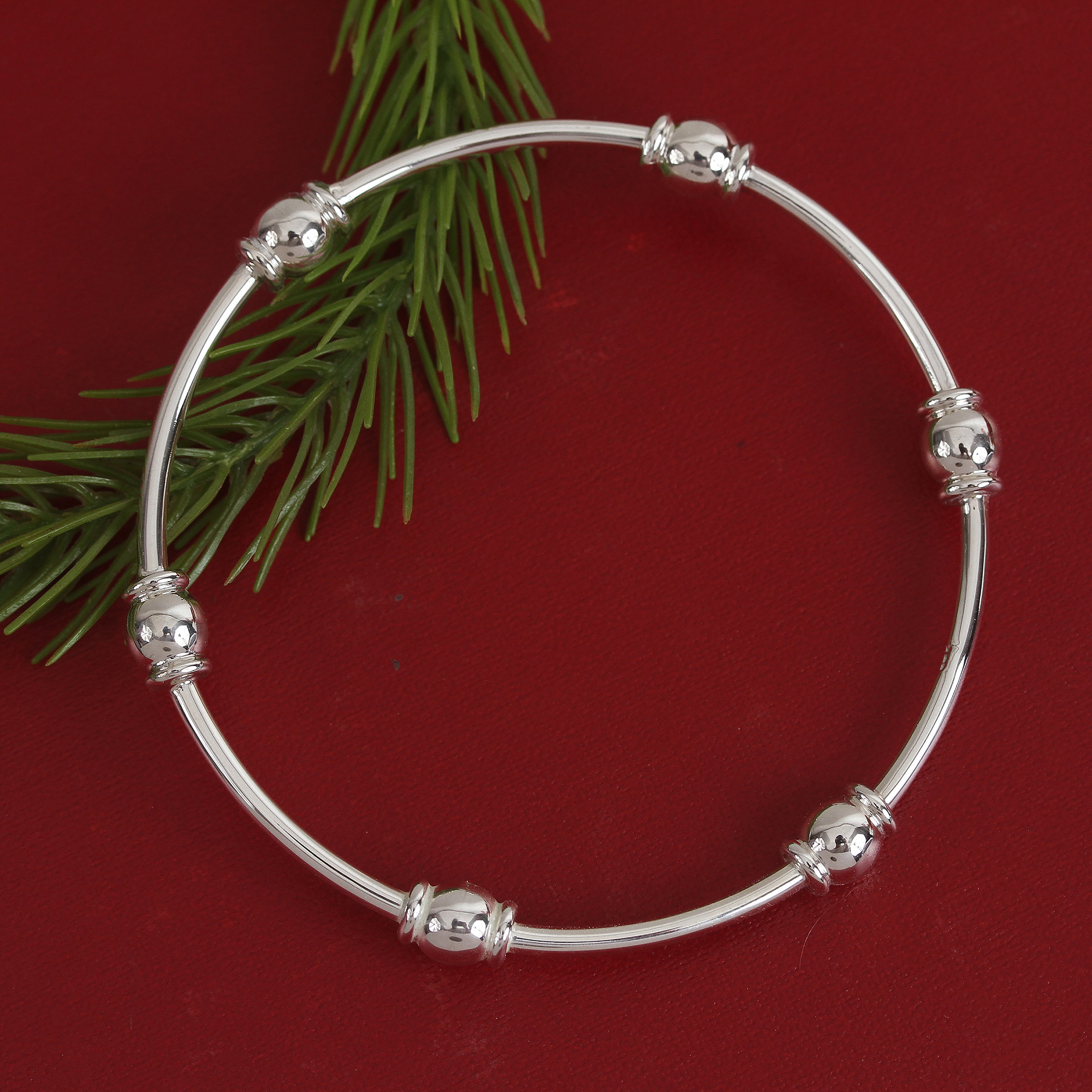 Gleaming Sterling Silver Bangle Bracelet from Mexico, 'Six Beads'