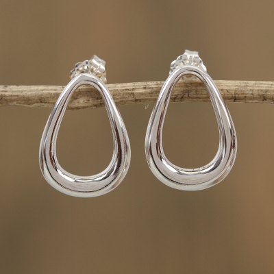 Sterling silver drop earrings, 'Modern Pears' - Pear-Shaped Sterling Silver Drop Earrings from Mexico