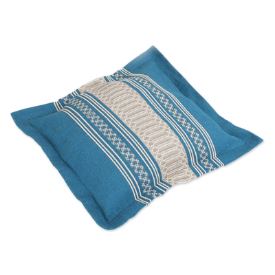 Cotton cushion cover, 'Sky and Land' - Handwoven Cotton Cushion Cover in Azure and Ivory